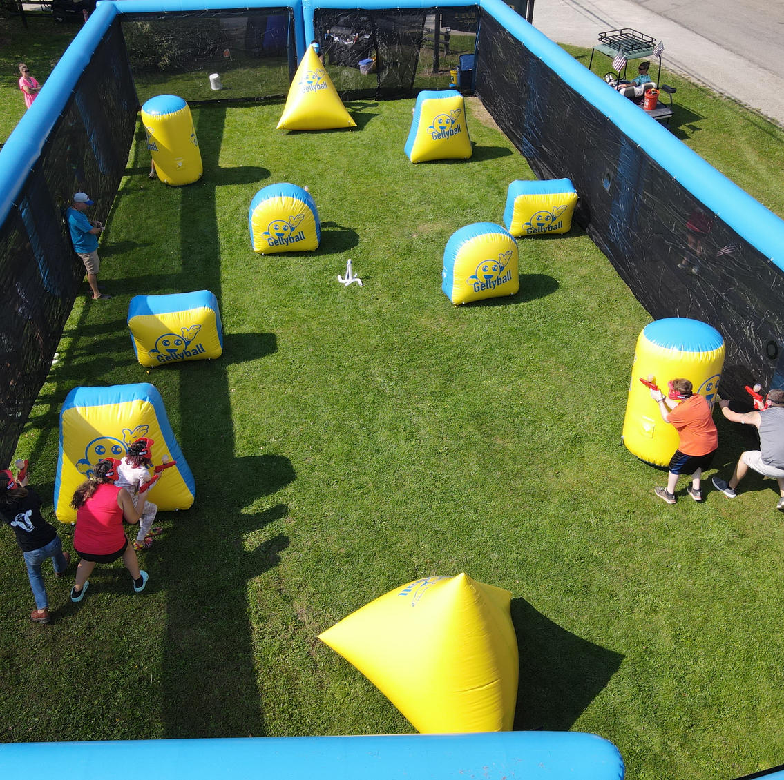 Two teams playing in a GellyBall arena with Hotshotz N' Heroes